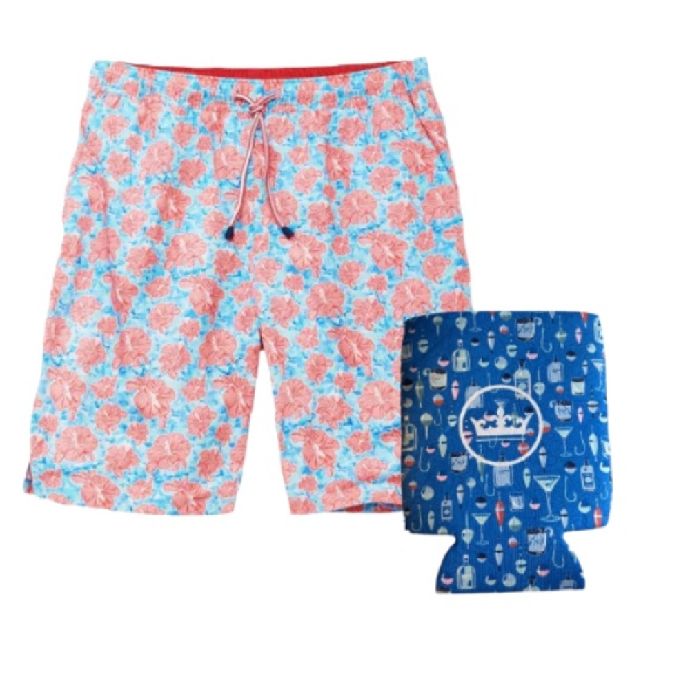 🆕 NWOT Peter Millar Seaside Hibiscus Stained Glass Swim Floral Trunks & Koozie